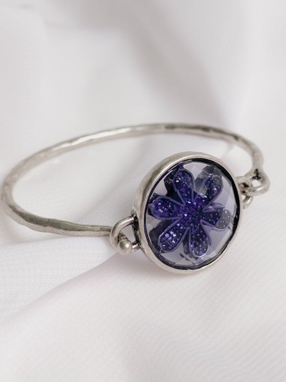 Lucky Brand Purple Crystal Flower Round Jewel Gem Boho Silver Bangle Bracelet - Picture 3 of 10